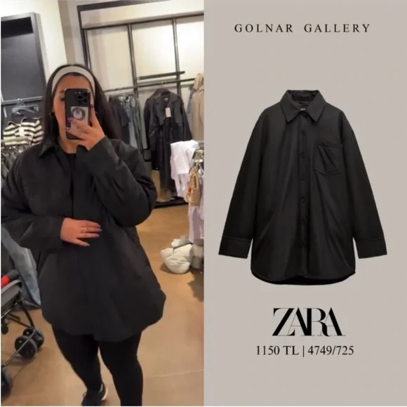 Zara Black Water Repellent Quilted Overshirt shirt Jacket button closure NWT - Picture 11 of 16